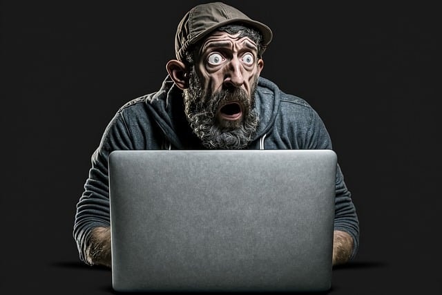 przestraszony człowiek przed ekranem monitora