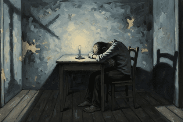 unikanie ludzi w depresji, smutny człowiek siedzący sam przy stole